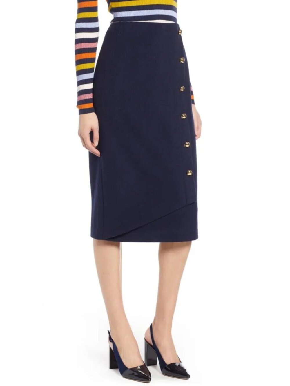 NWT Halogen x Atlantic-Pacific Wool Blend Faux Wrap Pencil Skirt  Navy Blue 14